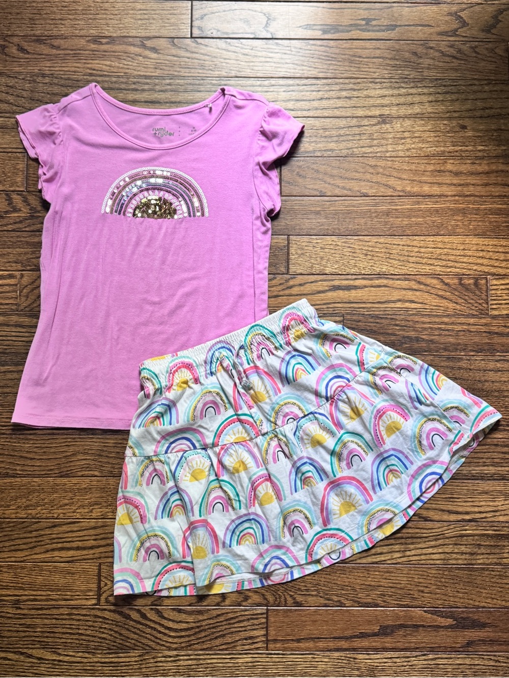 Girls Pink Rainbow Tee & Skirt Matching Set